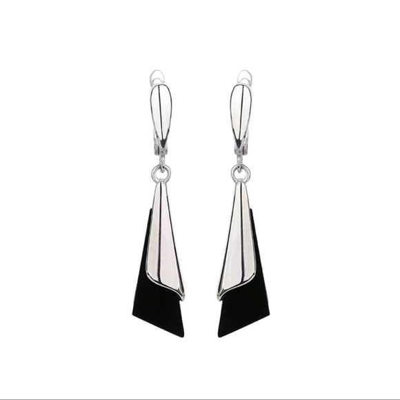 Elegant Geometric Dangle Earrings - 925 Sterling Silver with Black Accent - Picture 2 of 3